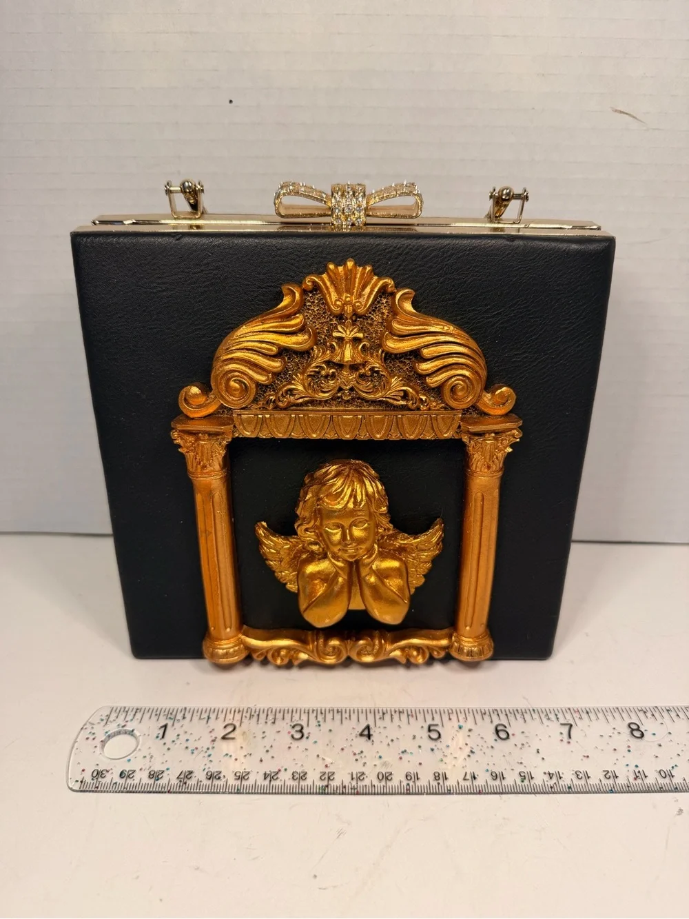 Black and Gold Cherub Angel Box Clutch Handbag